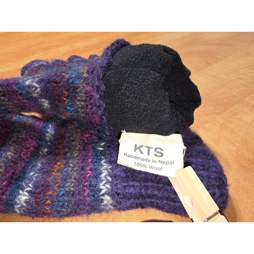 KTS Handmade in Nepal 100% Wool Fleece Lined Mittens Purple Striped Knit Boho - Picture 4 of 7